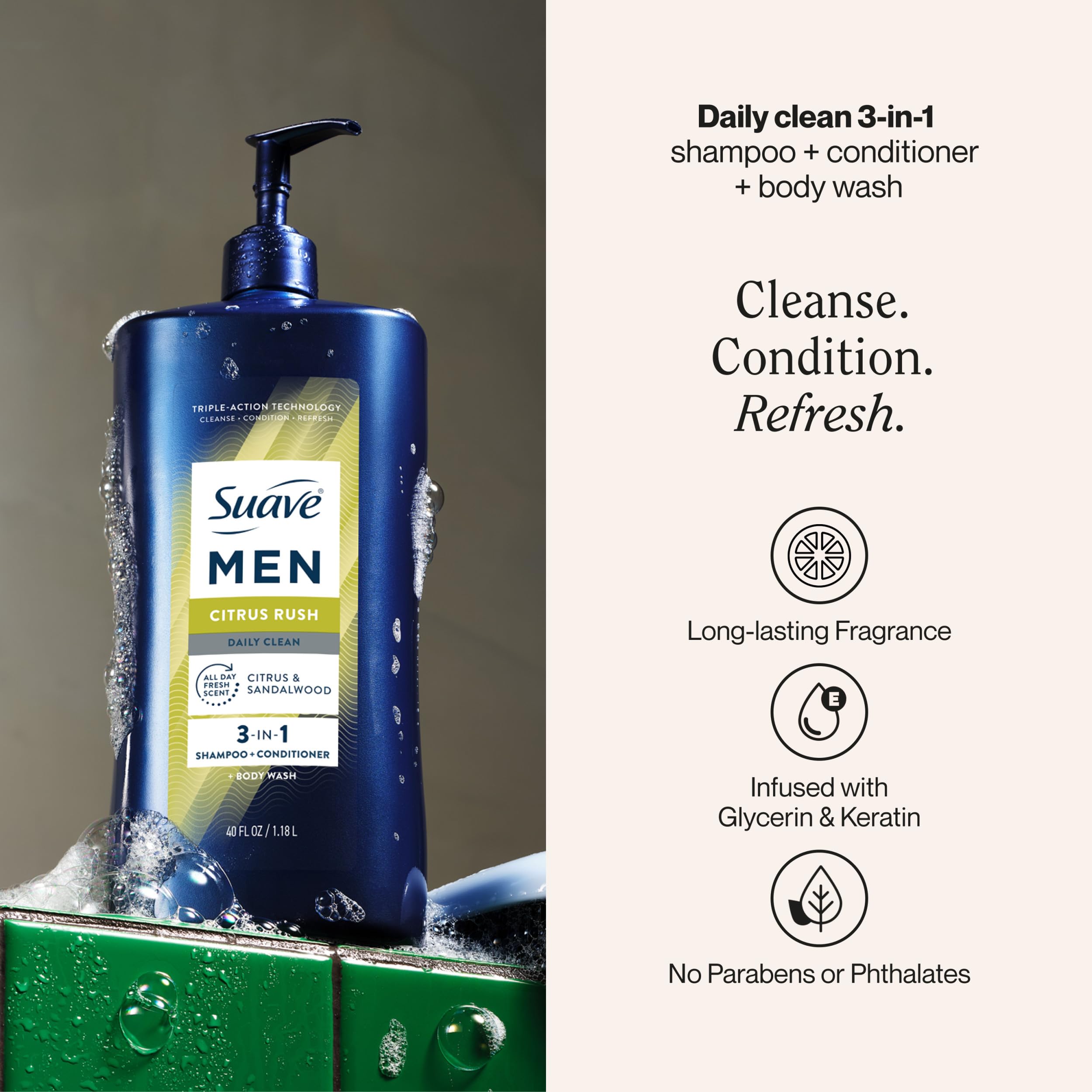 Suave Men Citrus Rush keratin-smoothing action on hair with glycerin hydration for soft, manageable strands.