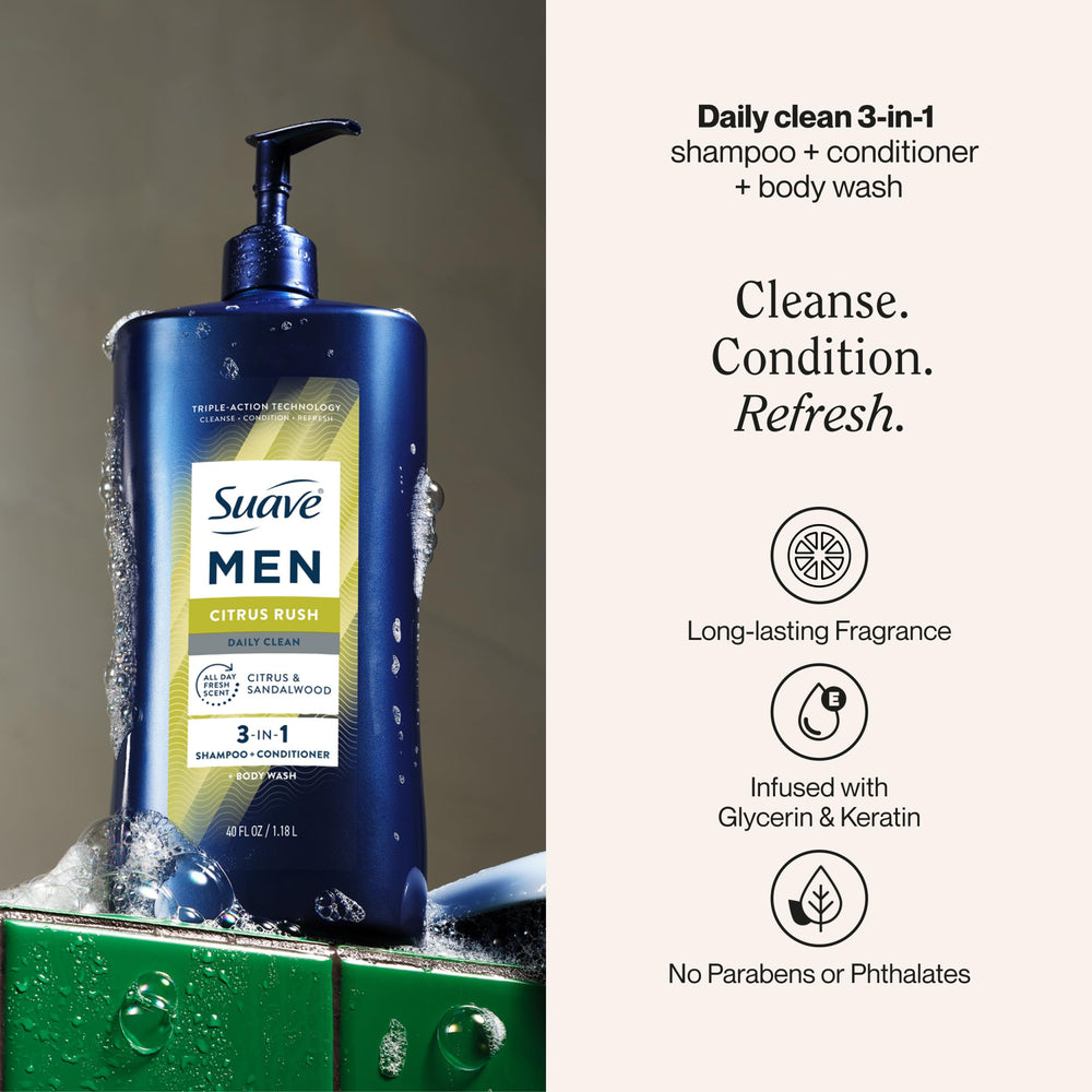 Suave Men Citrus Rush keratin-smoothing action on hair with glycerin hydration for soft, manageable strands.