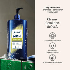 Suave Men Citrus Rush keratin-smoothing action on hair with glycerin hydration for soft, manageable strands.