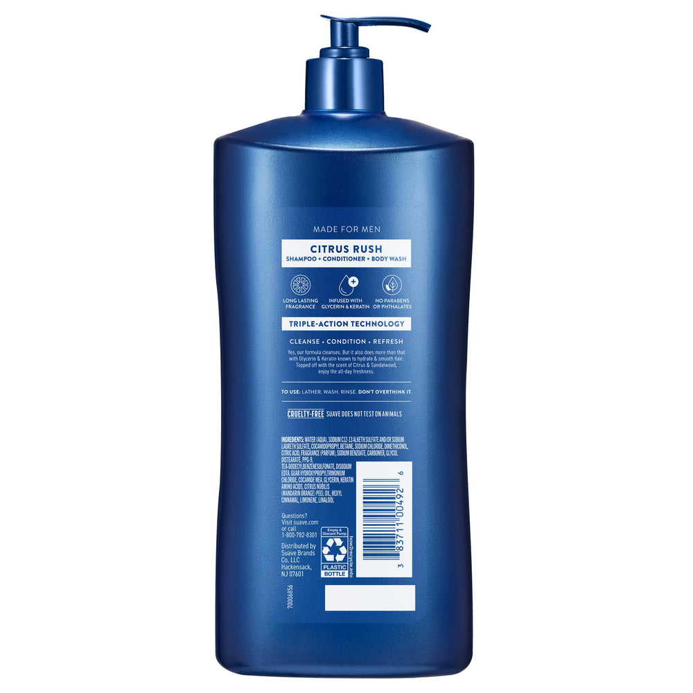 Suave Men Citrus Rush no-residue formula delivering rinse-clean results.