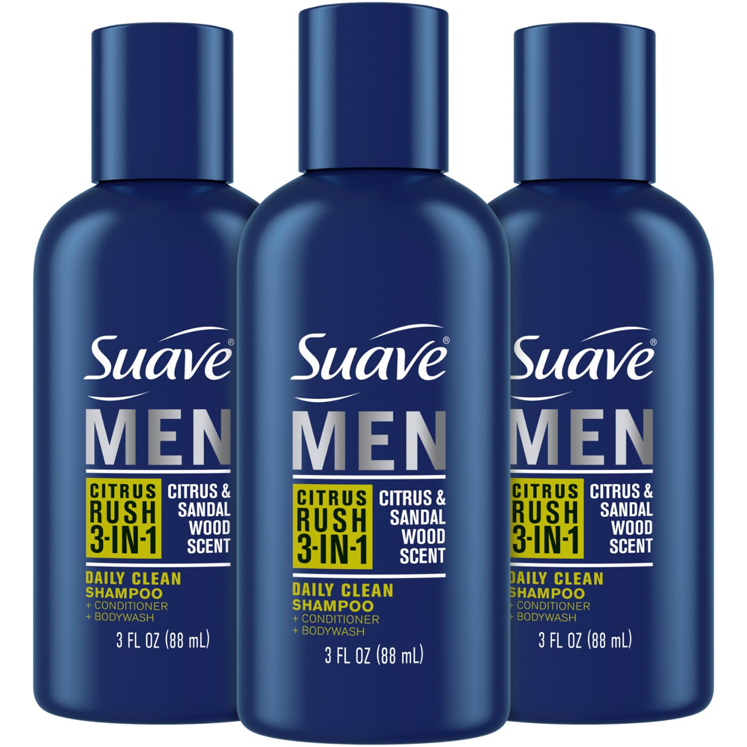 Suave Men Citrus Rush, botella frontal, tres en uno para cabello y piel suaves