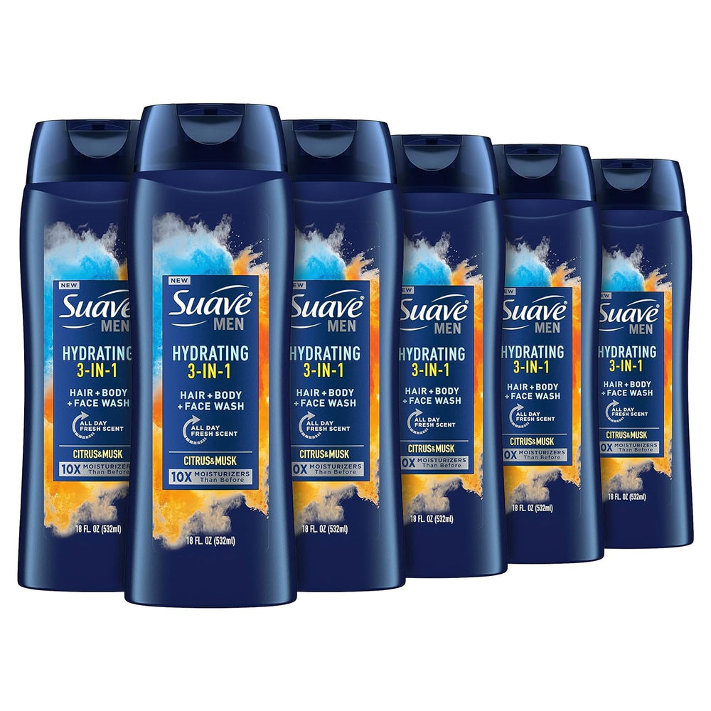 Suave Men 3-in-1 bottle pour showing quick head-to-toe cleansing.