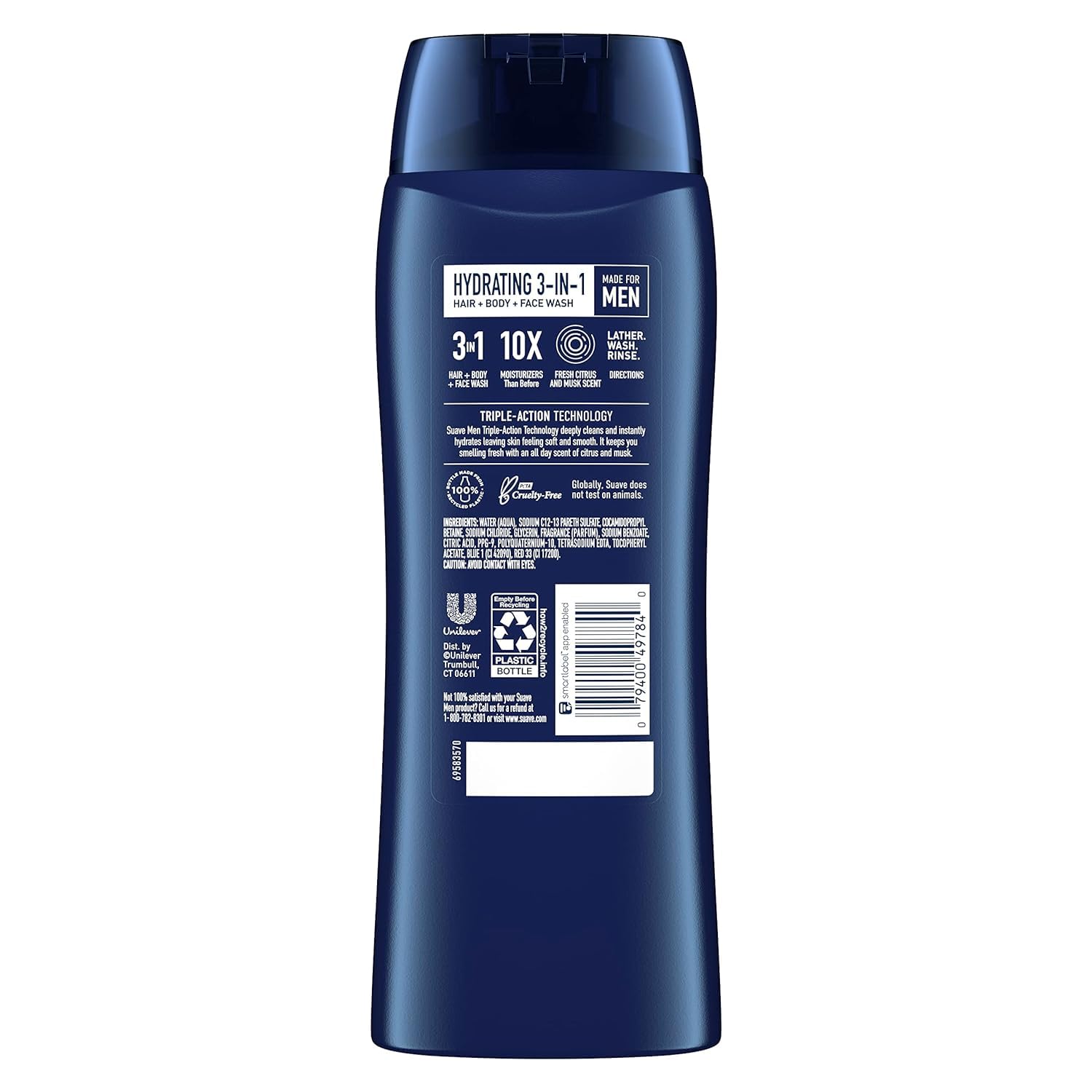 Suave Men 3-in-1 foamy lather with rich bubbles for smooth skin.