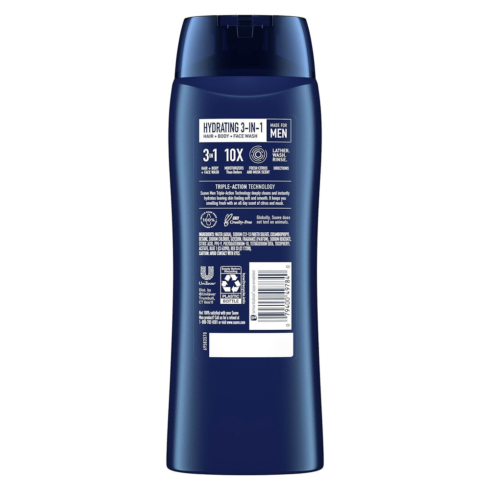 Suave Men 3-in-1 foamy lather with rich bubbles for smooth skin.