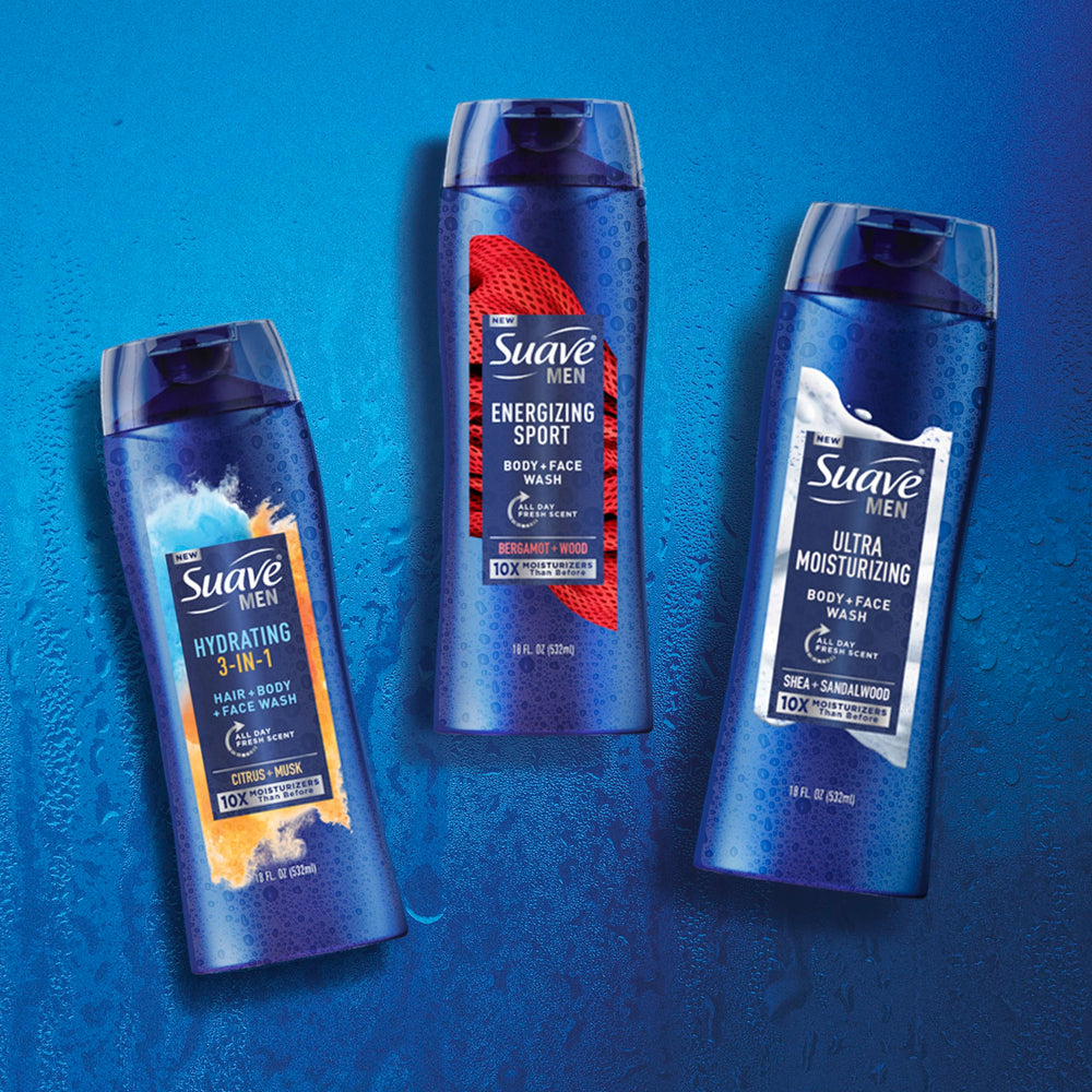Suave Men: ingredientes manteca de shea y sándalo para aroma agradable.