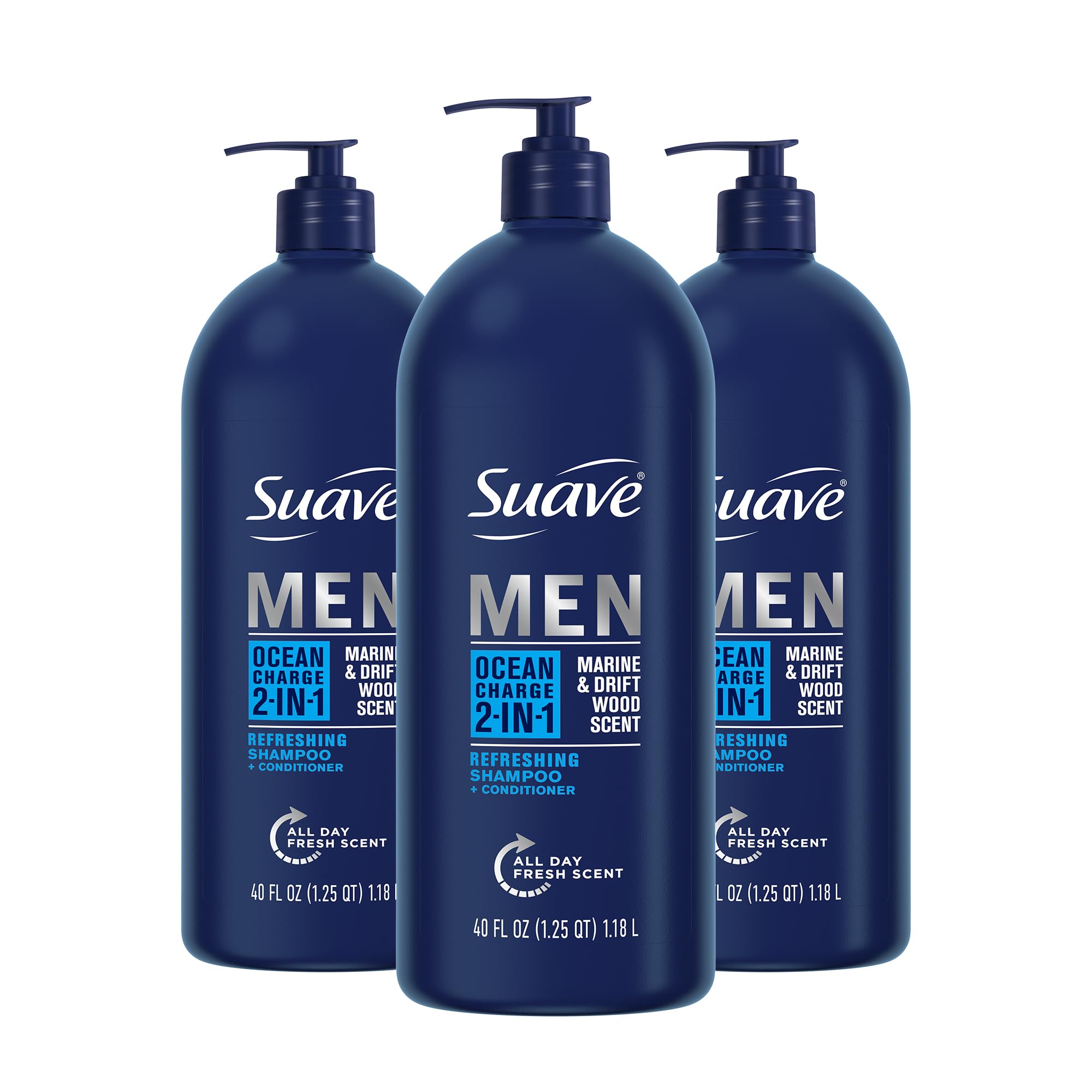 Suave Men Ocean Charge 2-in-1 bottle for quick cleansing and conditioning.