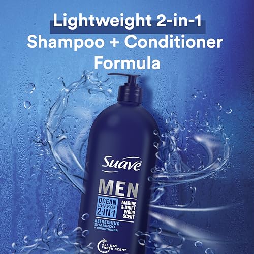 Suave Men Ocean Charge bottle displayed on a bathroom shelf.
