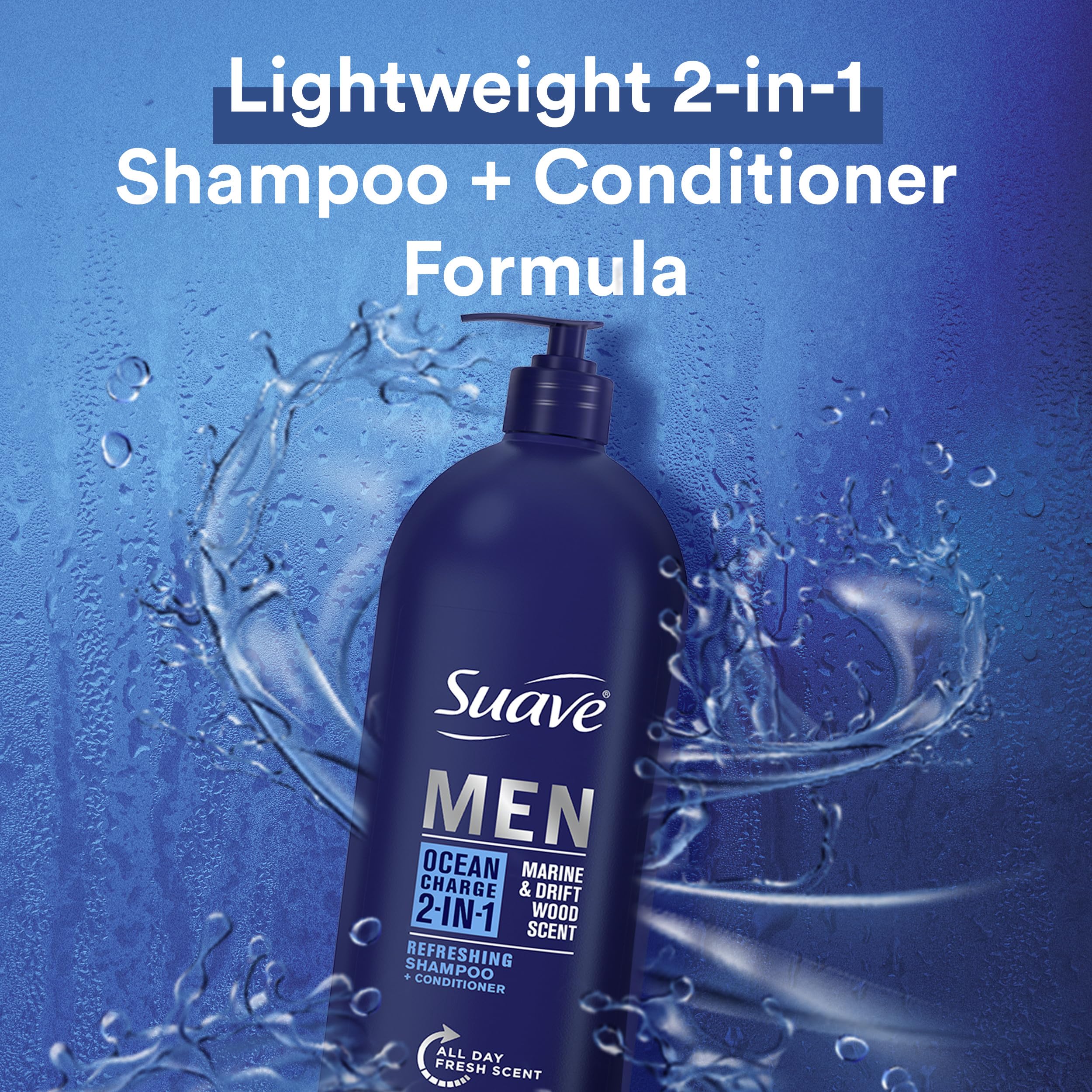 Close-up of Suave Men Ocean Charge label with ocean-inspired scent.