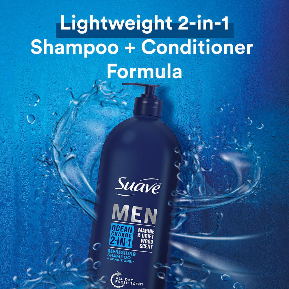 Close-up of Suave Men Ocean Charge label with ocean-inspired scent.