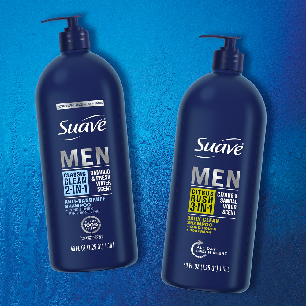 Paquete de tres botellas Suave Men, conveniencia para toda la semana.