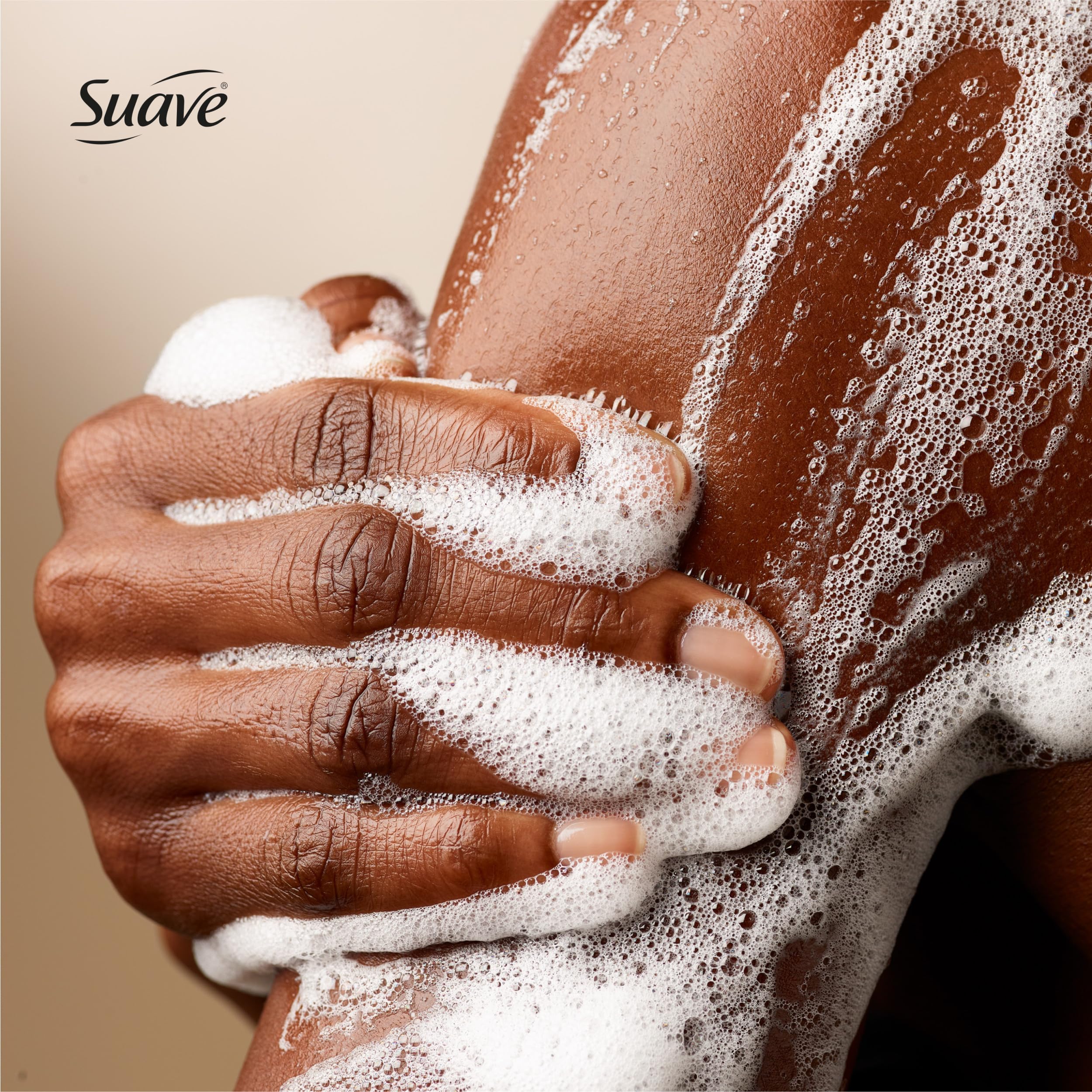 Family-size Suave Milk & Honey body wash bottles on kitchen/bath shelf