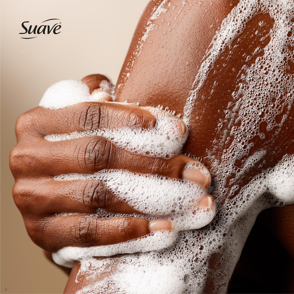 Family-size Suave Milk & Honey body wash bottles on kitchen/bath shelf
