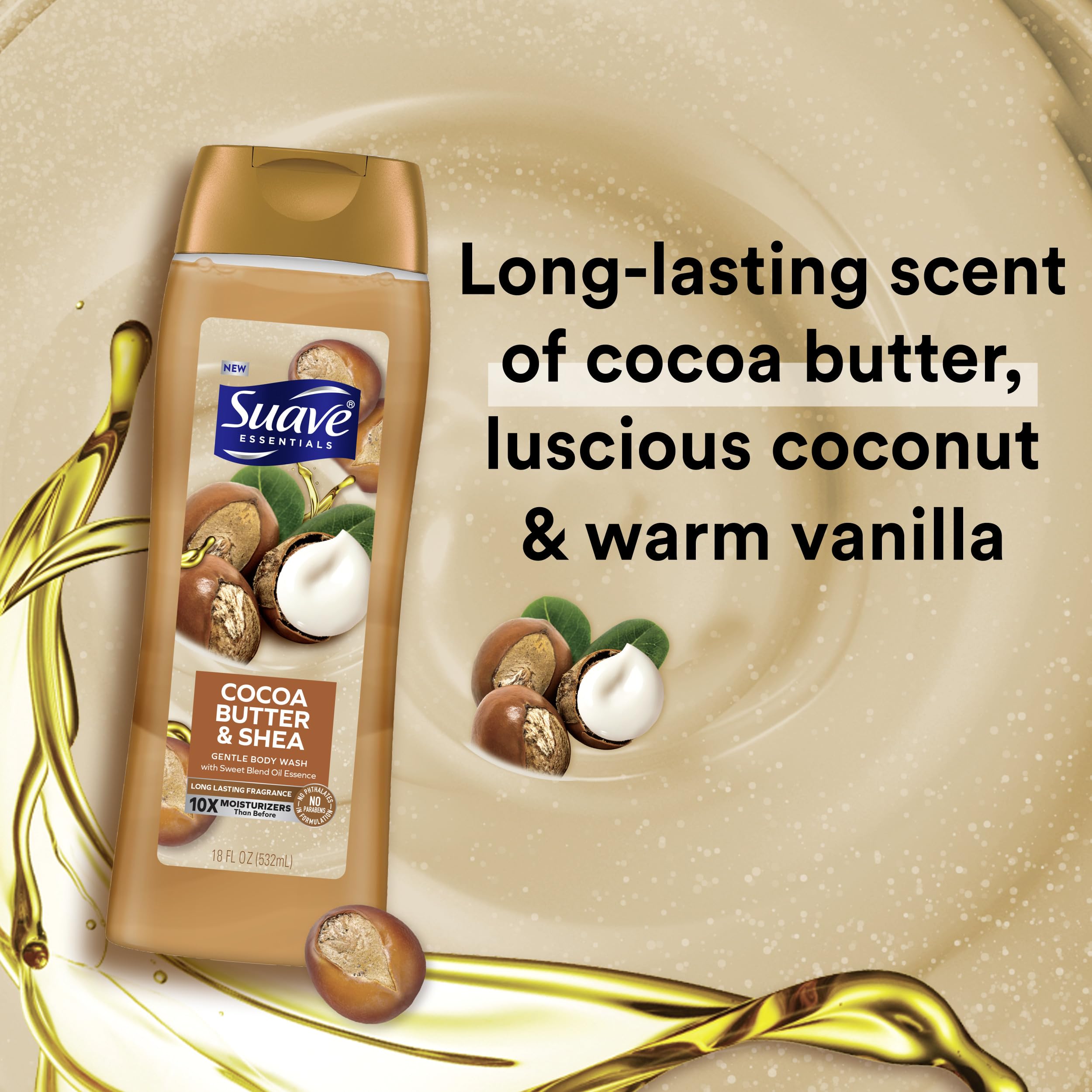 Close-up of Suave bottle highlighting rich creamy lather and soft skin feel.