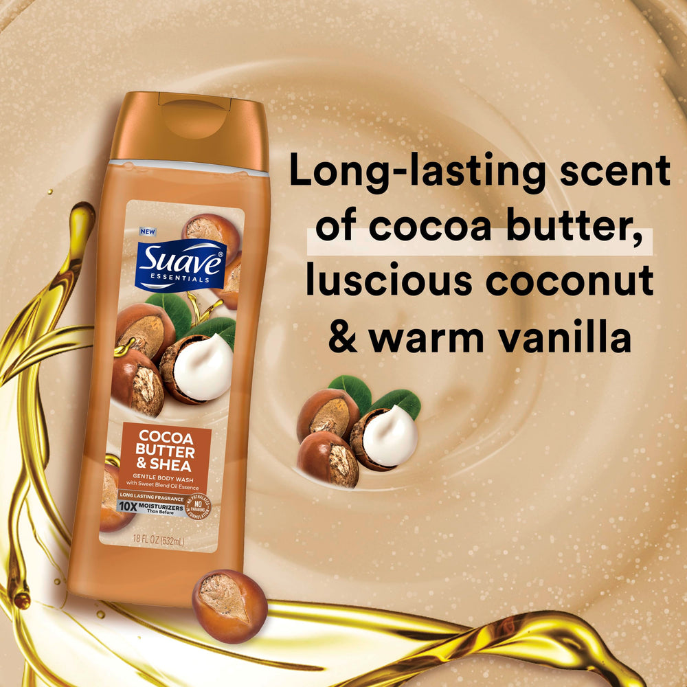 Close-up of Suave bottle highlighting rich creamy lather and soft skin feel.
