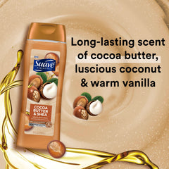 Close-up of Suave bottle highlighting rich creamy lather and soft skin feel.