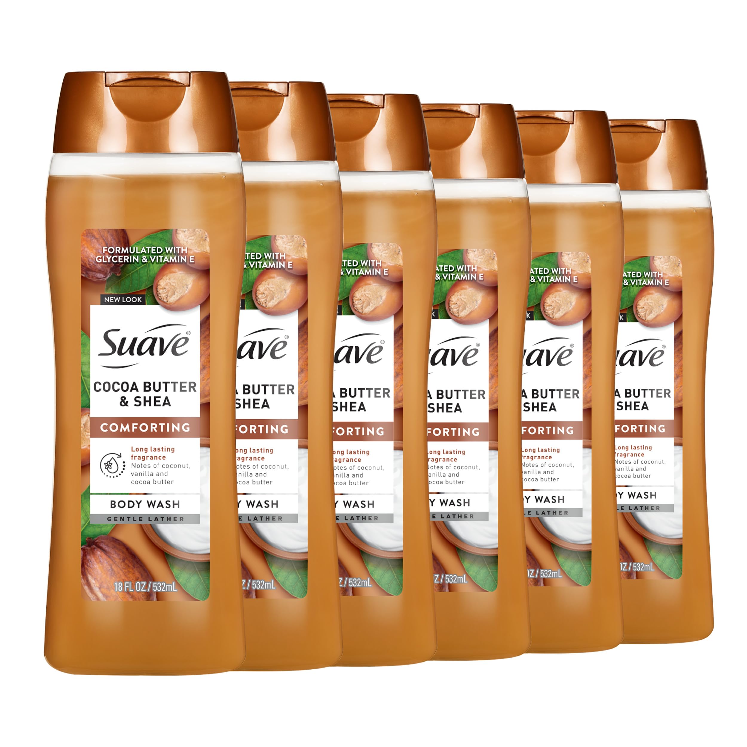 Suave Moisturizing Body Wash bottle features cocoa butter and shea for lasting hydration.