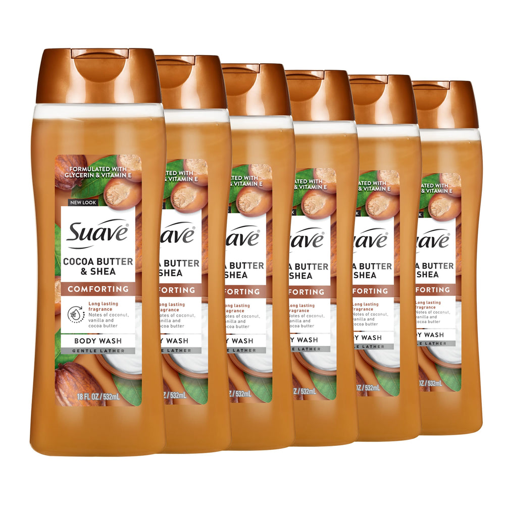 Suave Moisturizing Body Wash bottle features cocoa butter and shea for lasting hydration.