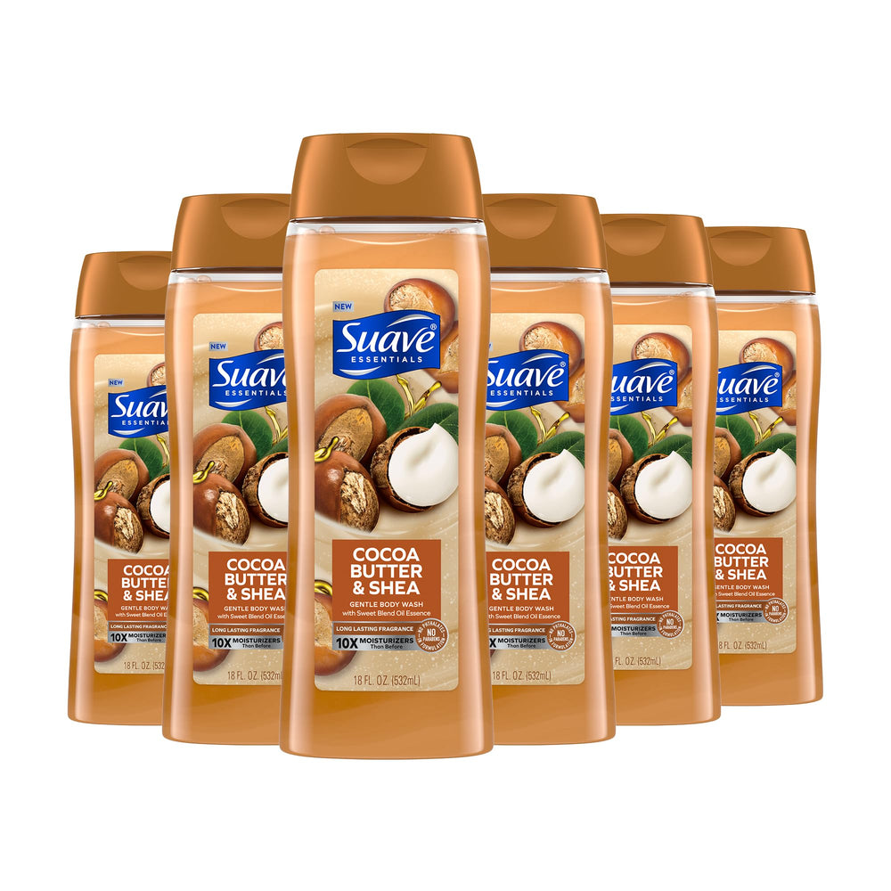 Suave Moisturizing Body Wash bottle with cocoa butter and shea for lasting hydration.