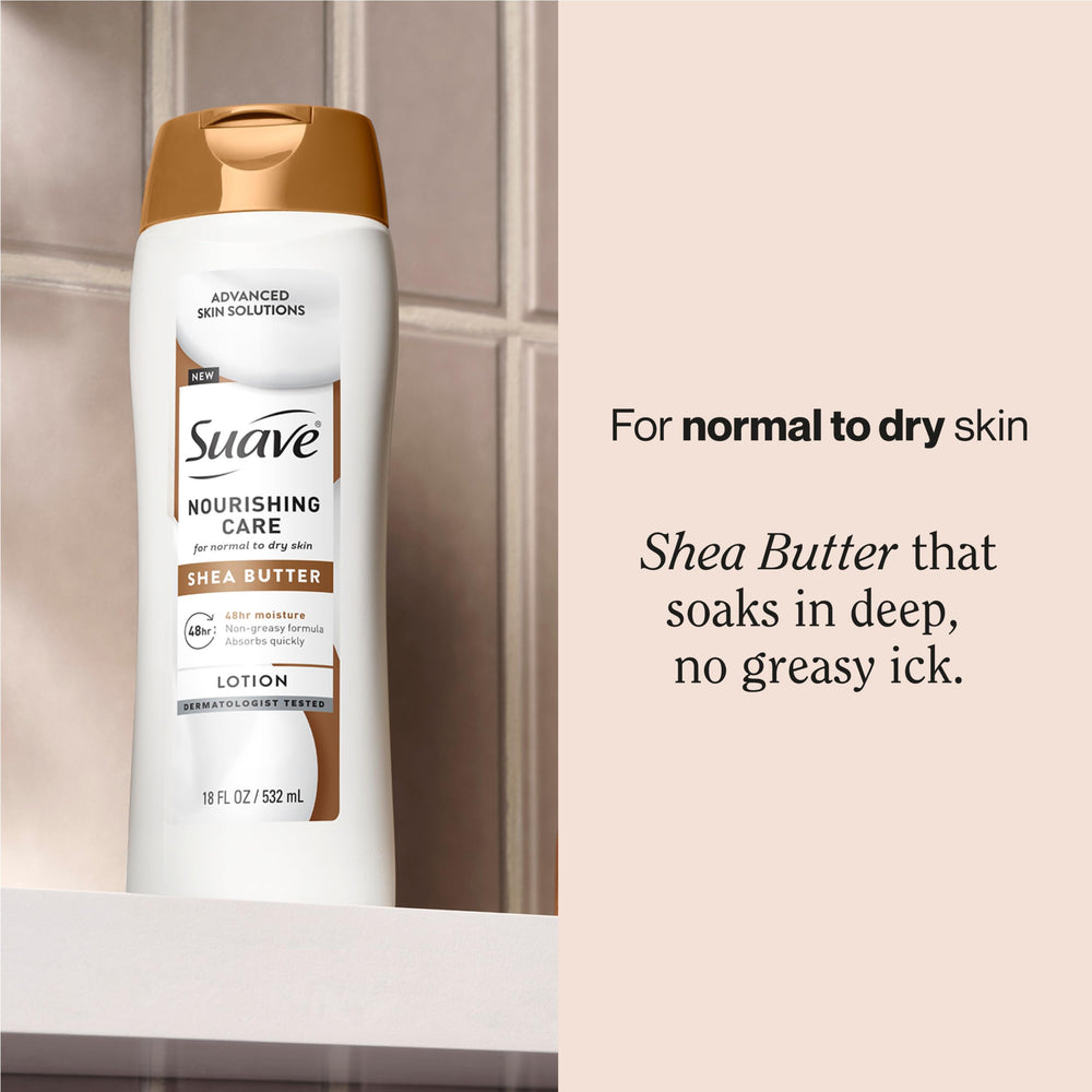 Close-up of applying Suave lotion for quick absorption and softness.