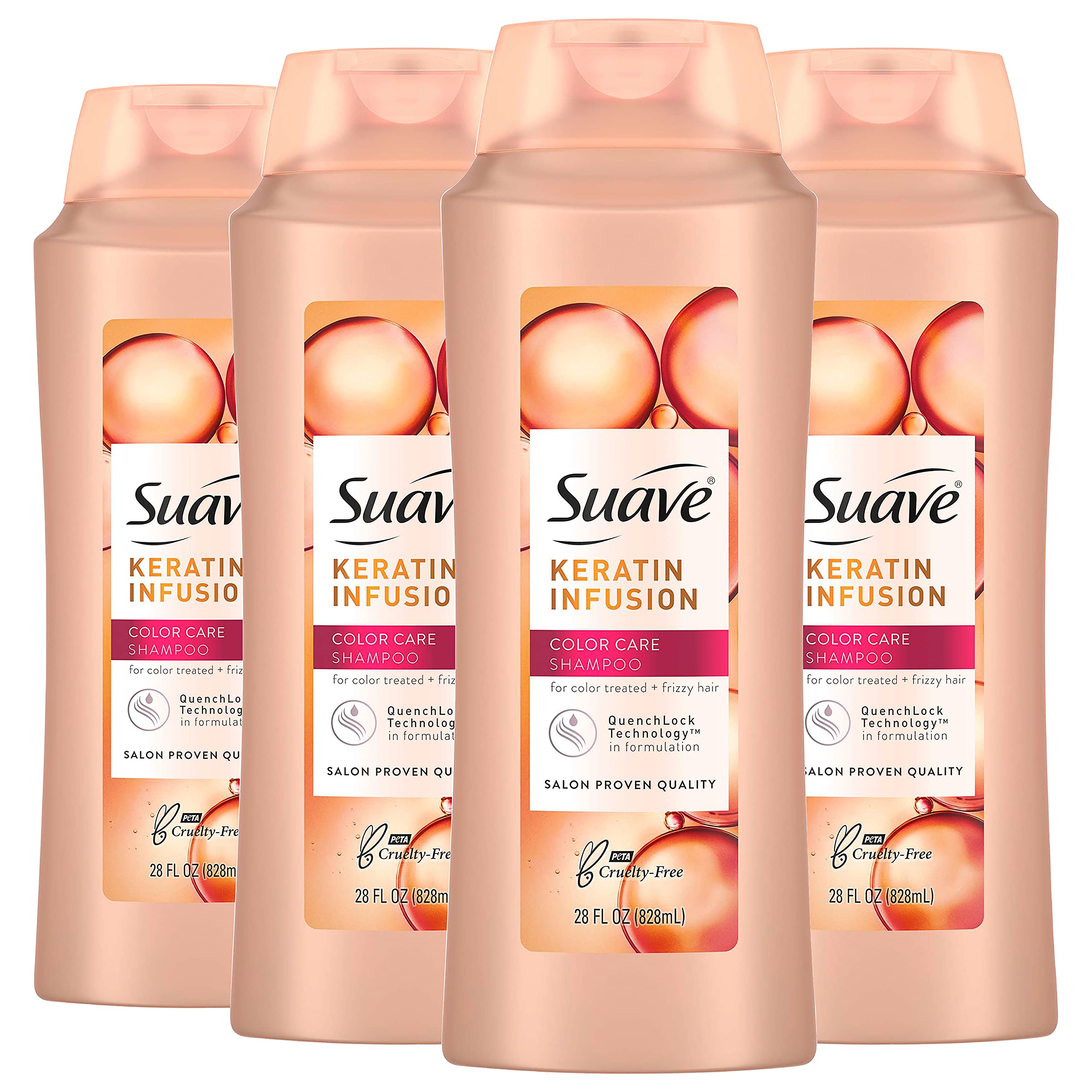 Suave Professionals Keratina Infusión, botella visible, protege el color.