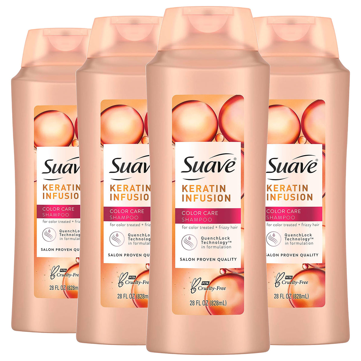 Suave Professionals Keratina Infusión, botella visible, protege el color.