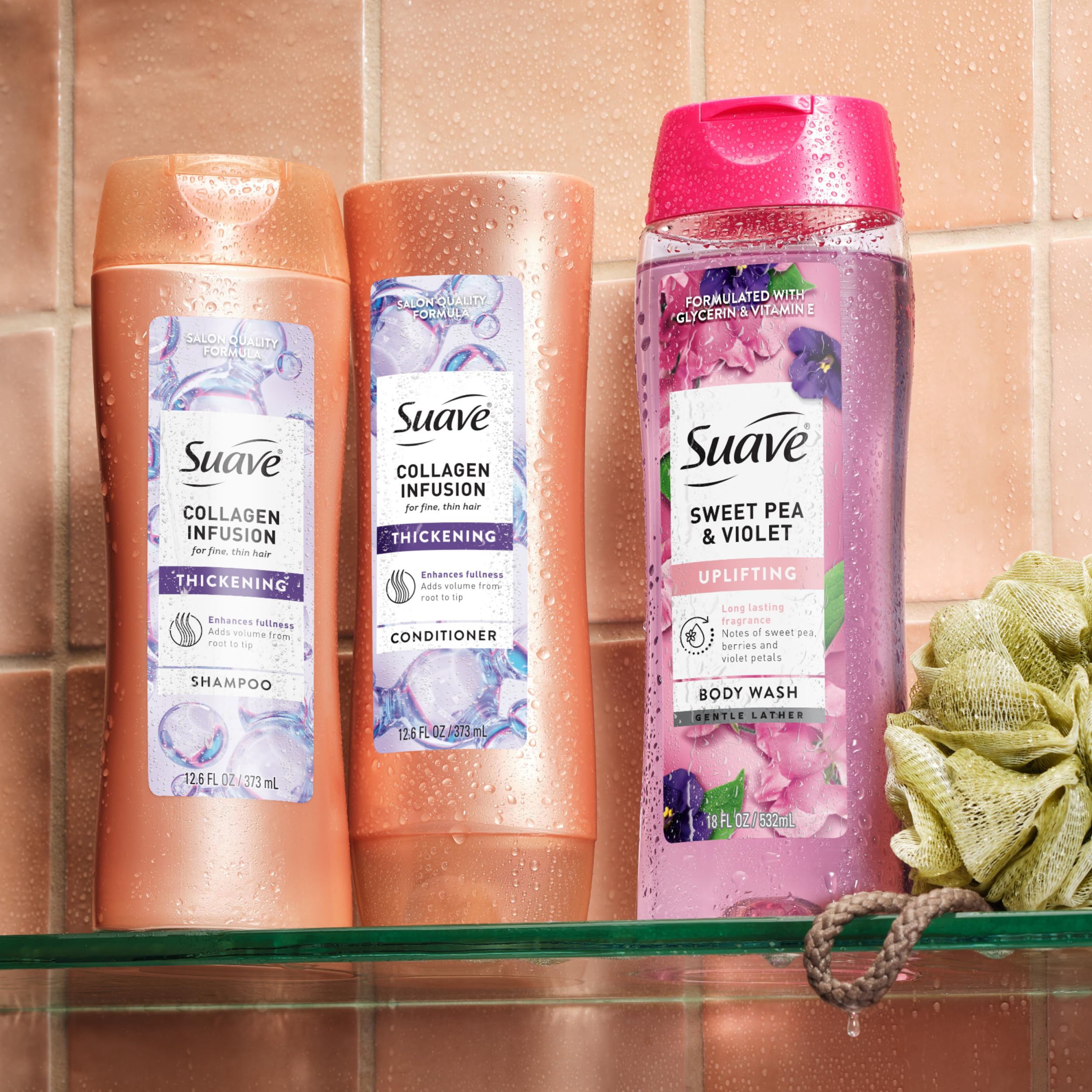 Suave Professionals Collagen Infusion Acondicionador, envase visible para mayor cuerpo.