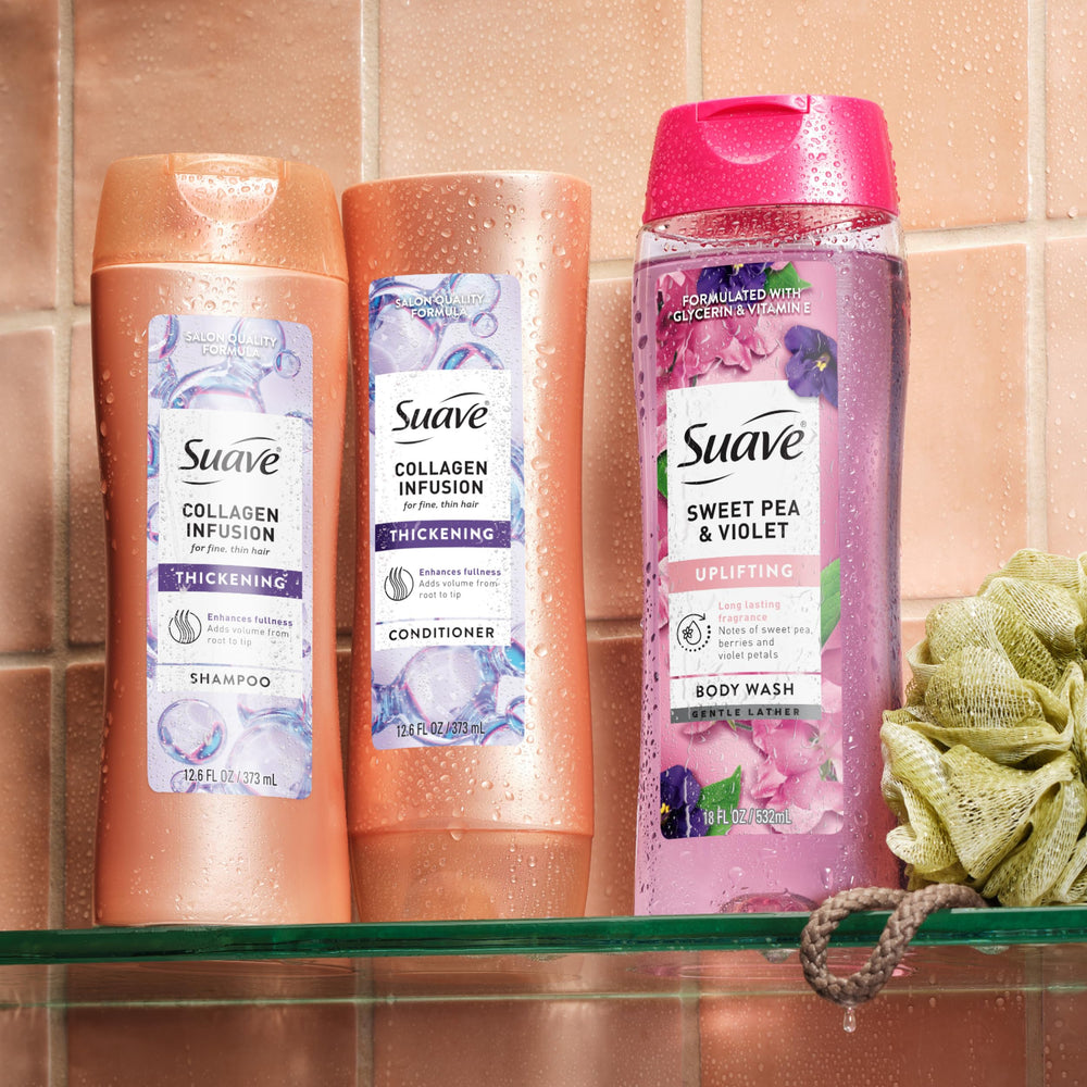 Suave Professionals Collagen Infusion Acondicionador, envase visible para mayor cuerpo.