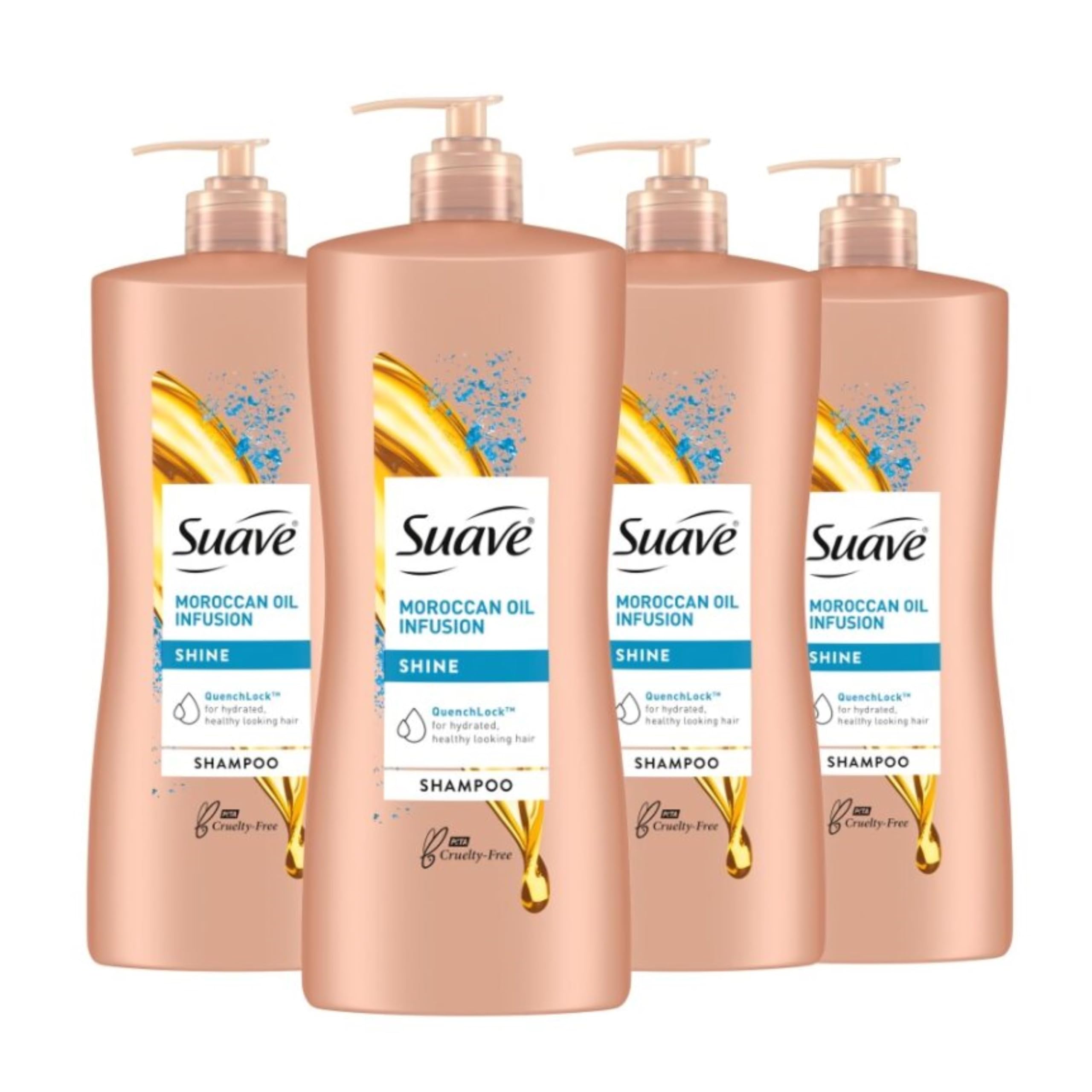 Suave Moroccan Infusion Shine Shampoo bottle with argan oil for radiant shine.