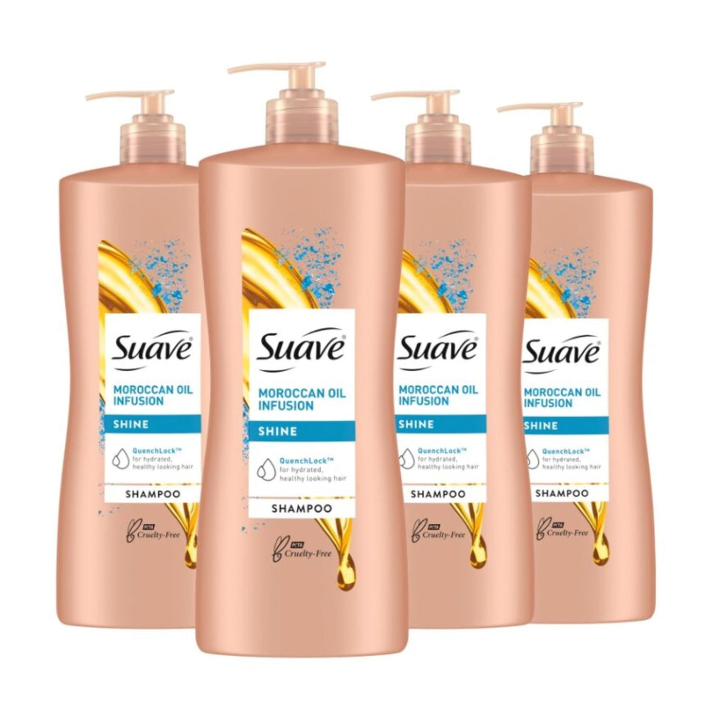 Suave Moroccan Infusion Shine Shampoo bottle with argan oil for radiant shine.