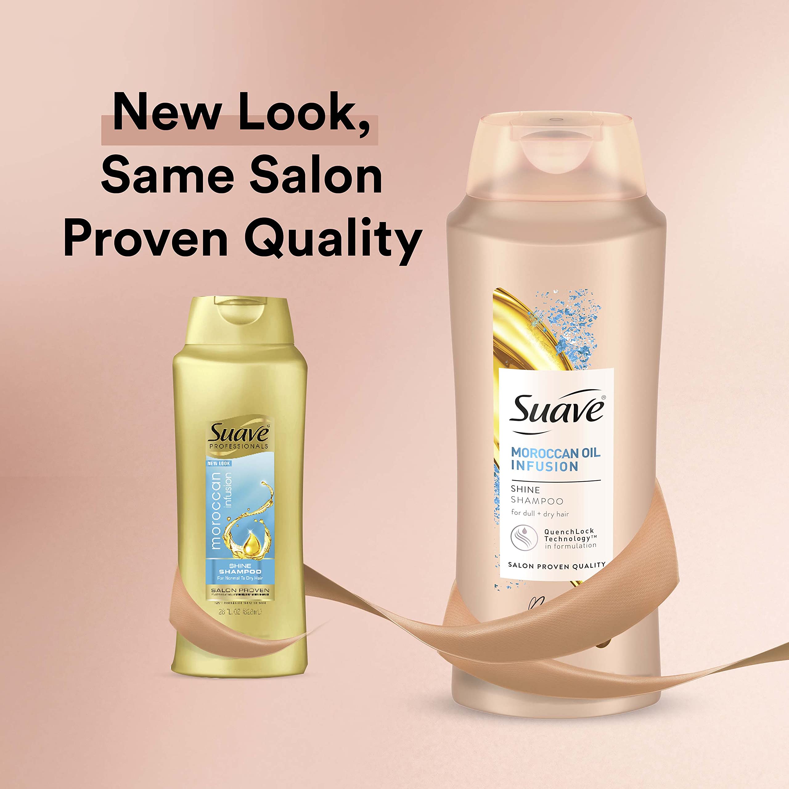 Argan oil infused formula signals nourishing care for daily use by Suave Moroccan Infusion Shine Shampoo.