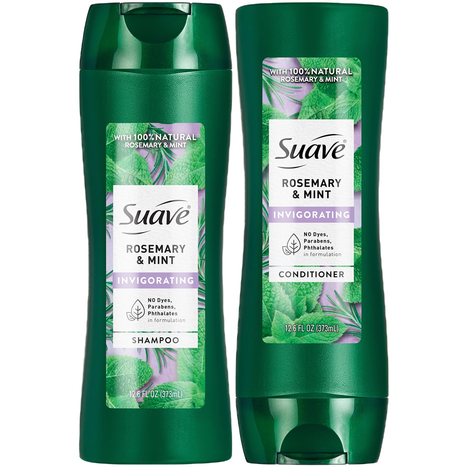 Champú Suave Romero y Menta en botella, aroma vigorizante para cabello limpio.