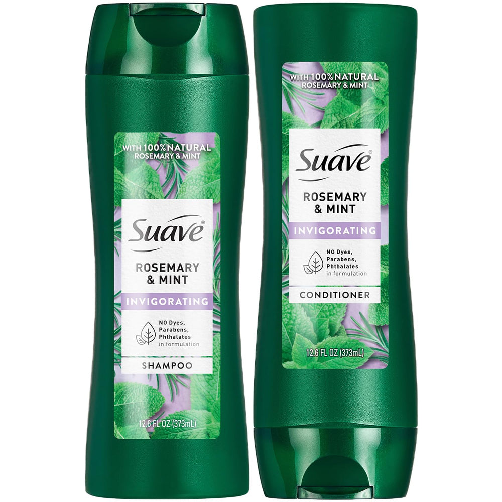 Champú Suave Romero y Menta en botella, aroma vigorizante para cabello limpio.