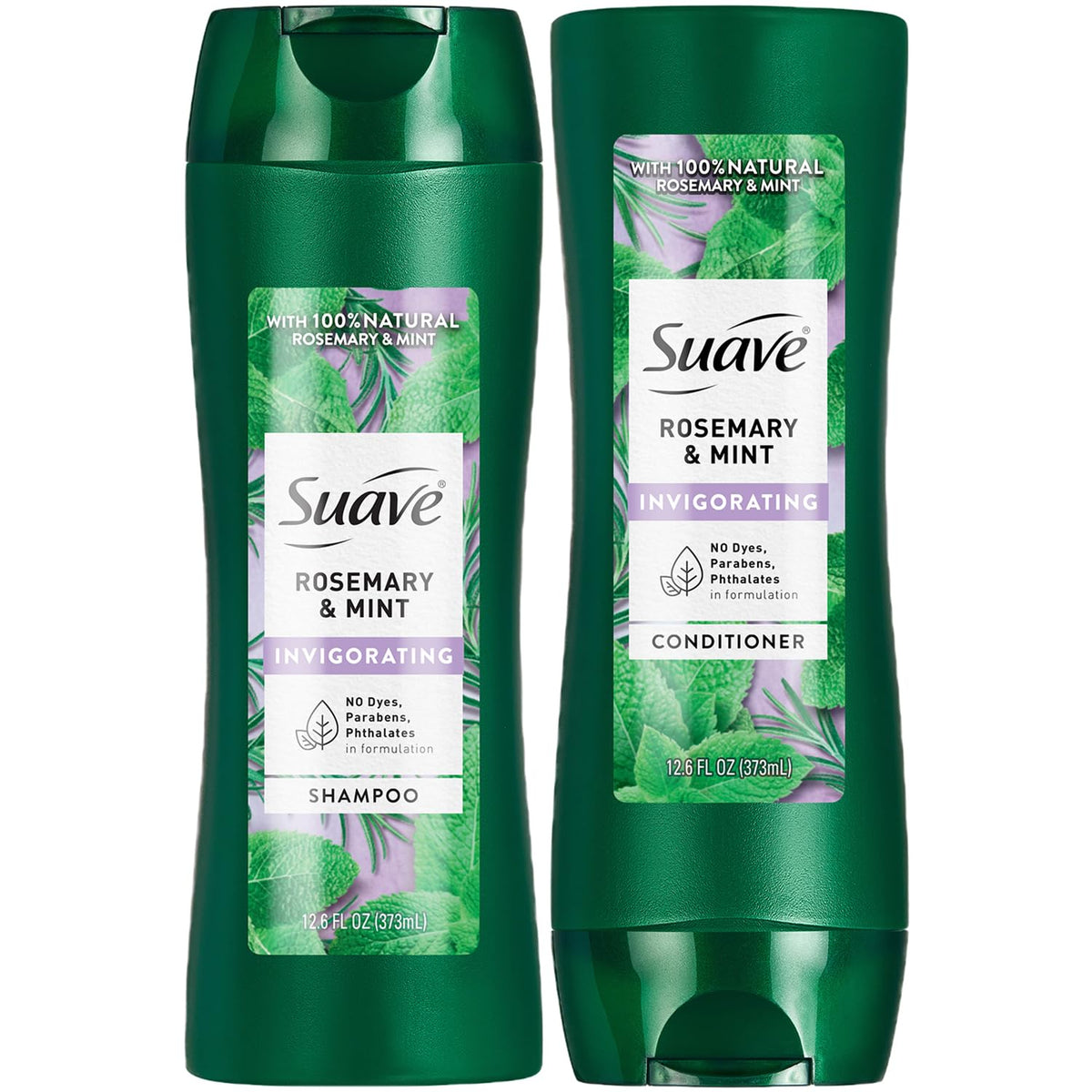 Champú Suave Romero y Menta en botella, aroma vigorizante para cabello limpio.