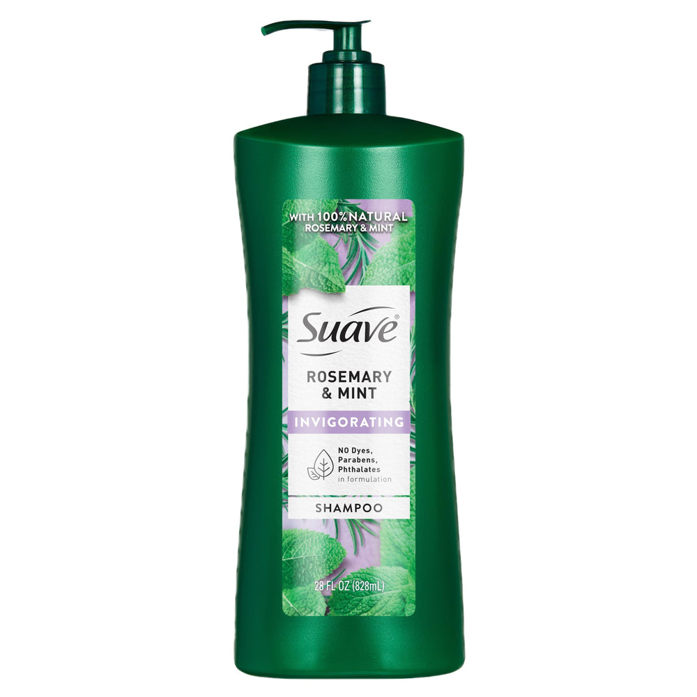 Suave Rosemary and Mint shampoo bottle with invigorating, hydrating cleanse