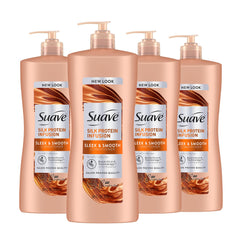 Botella de Suave Silk Protein Infusion Acondicionador para cabello suave y liso tras un lavado.