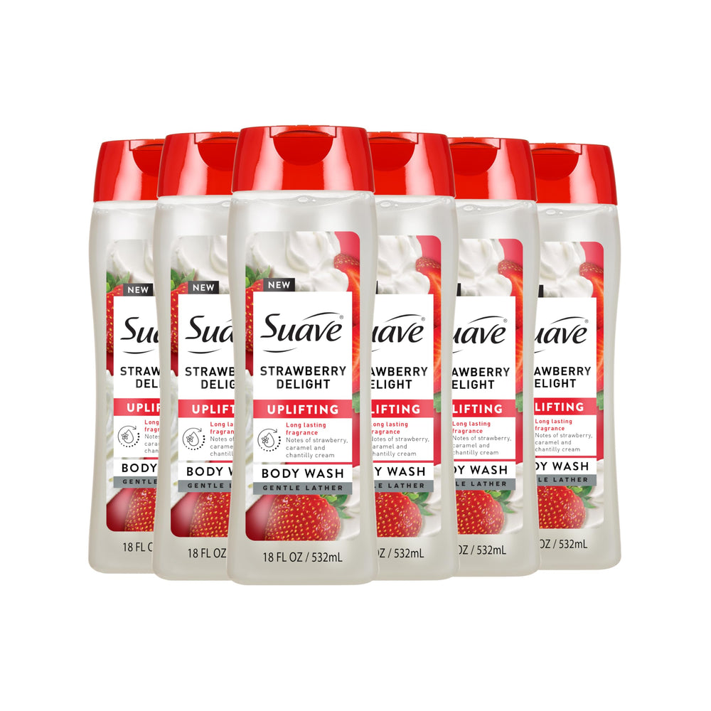 Suave Strawberry Delight, botella de ducha, experiencia refrescante para la piel suave.