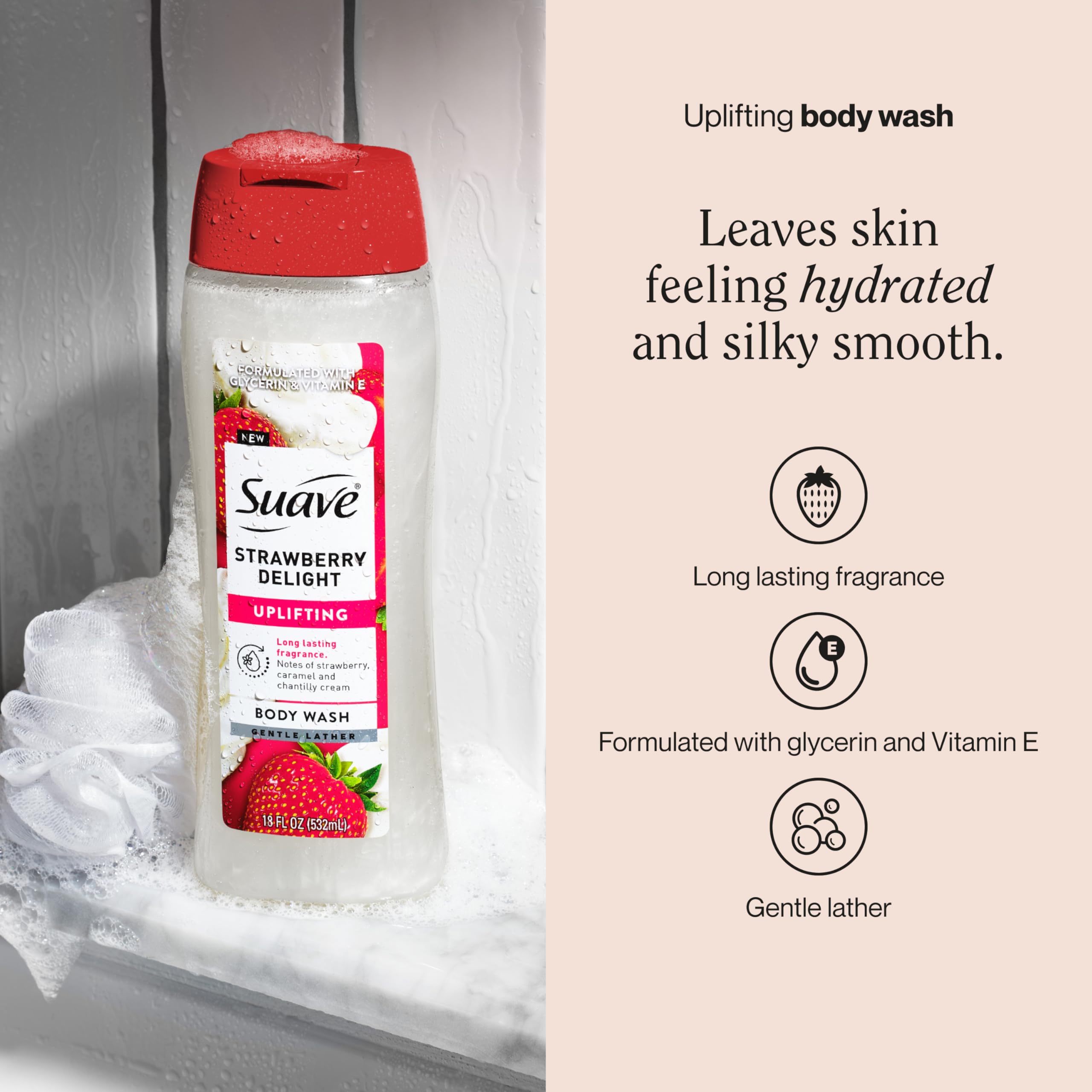 Espuma cremosa de Suave Strawberry Delight para limpieza suave y nutritiva.