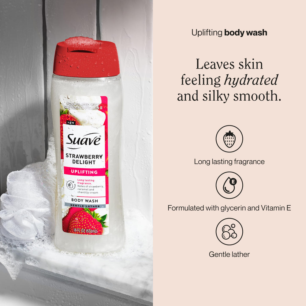 Espuma cremosa de Suave Strawberry Delight para limpieza suave y nutritiva.