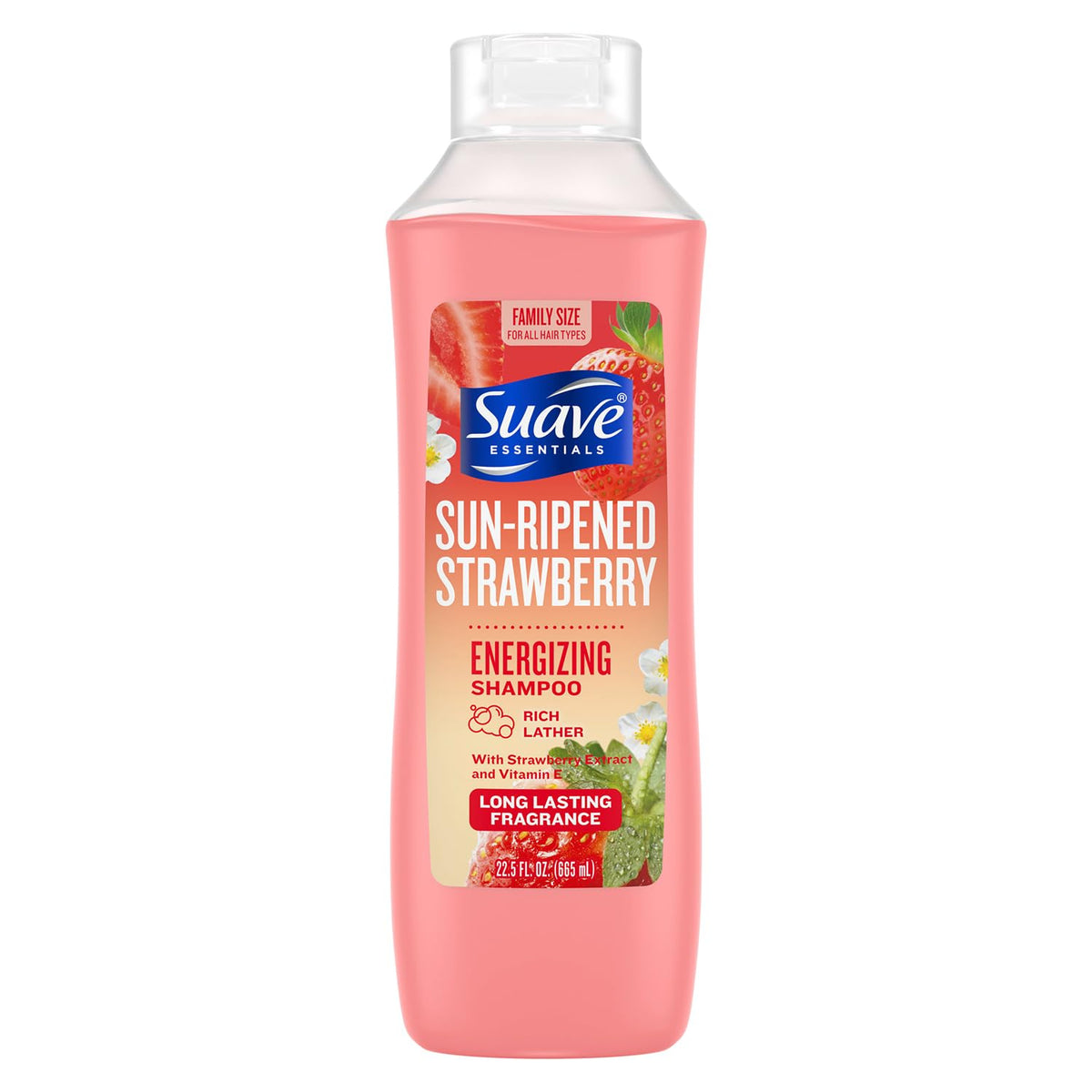 Suave Sun-Ripened Strawberry Shampoo bottle with vibrant fruit blend for daily freshness.