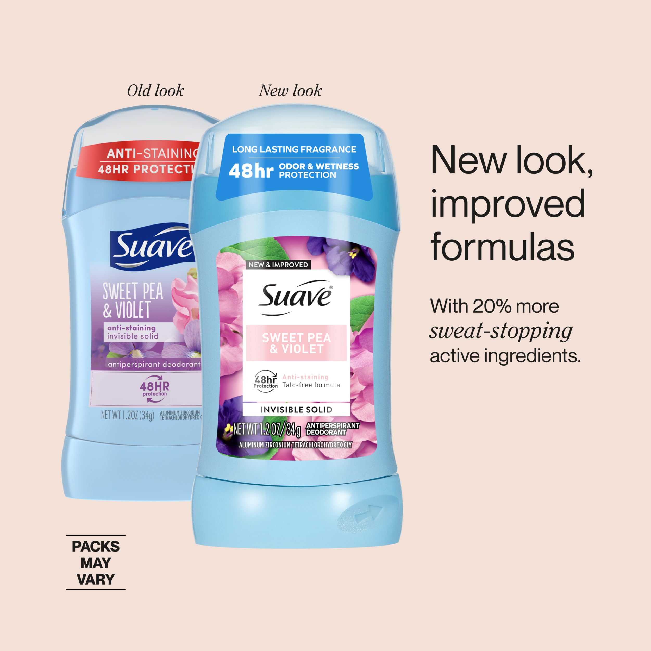 Cap close-up on Suave Sweet Pea & Violet deodorant highlighting talc-free formula