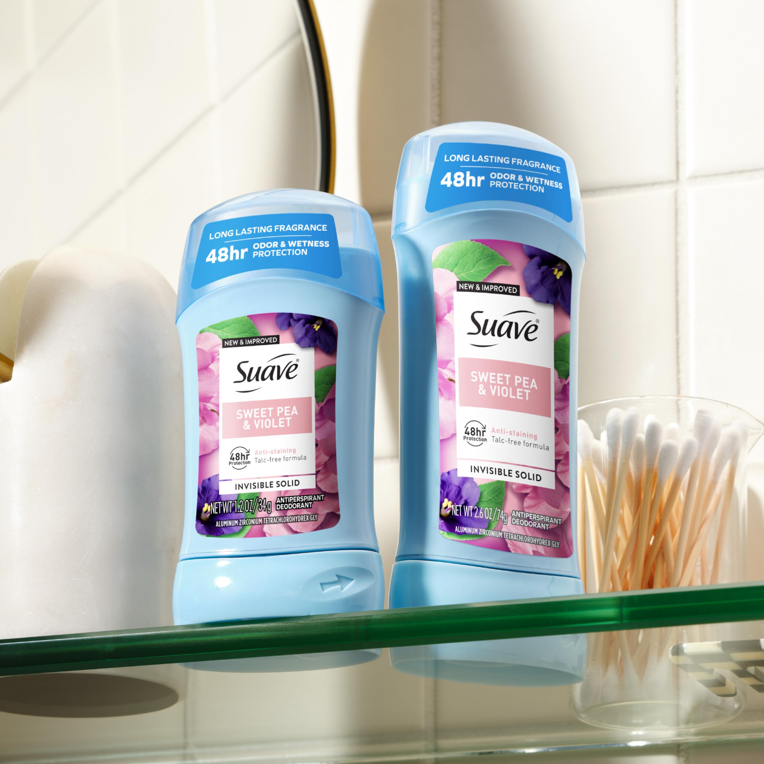 Invisible formula of Suave Sweet Pea & Violet leaves no white marks on skin