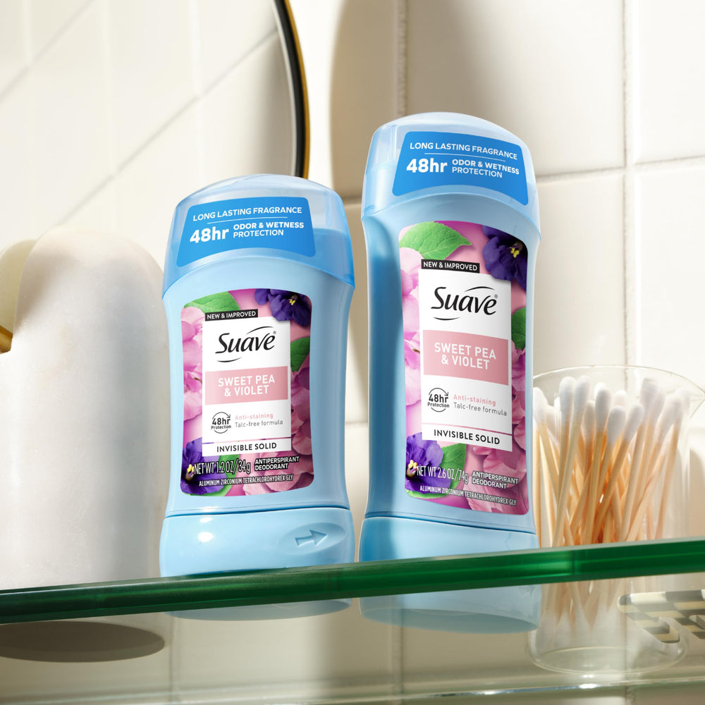 Invisible formula of Suave Sweet Pea & Violet leaves no white marks on skin