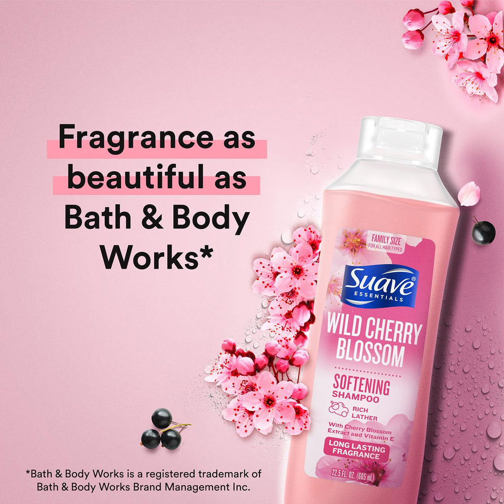 Suave Wild Cherry Blossom shampoo bottle pour showing easy application.