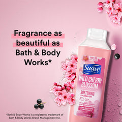 Suave Wild Cherry Blossom shampoo bottle pour showing easy application.