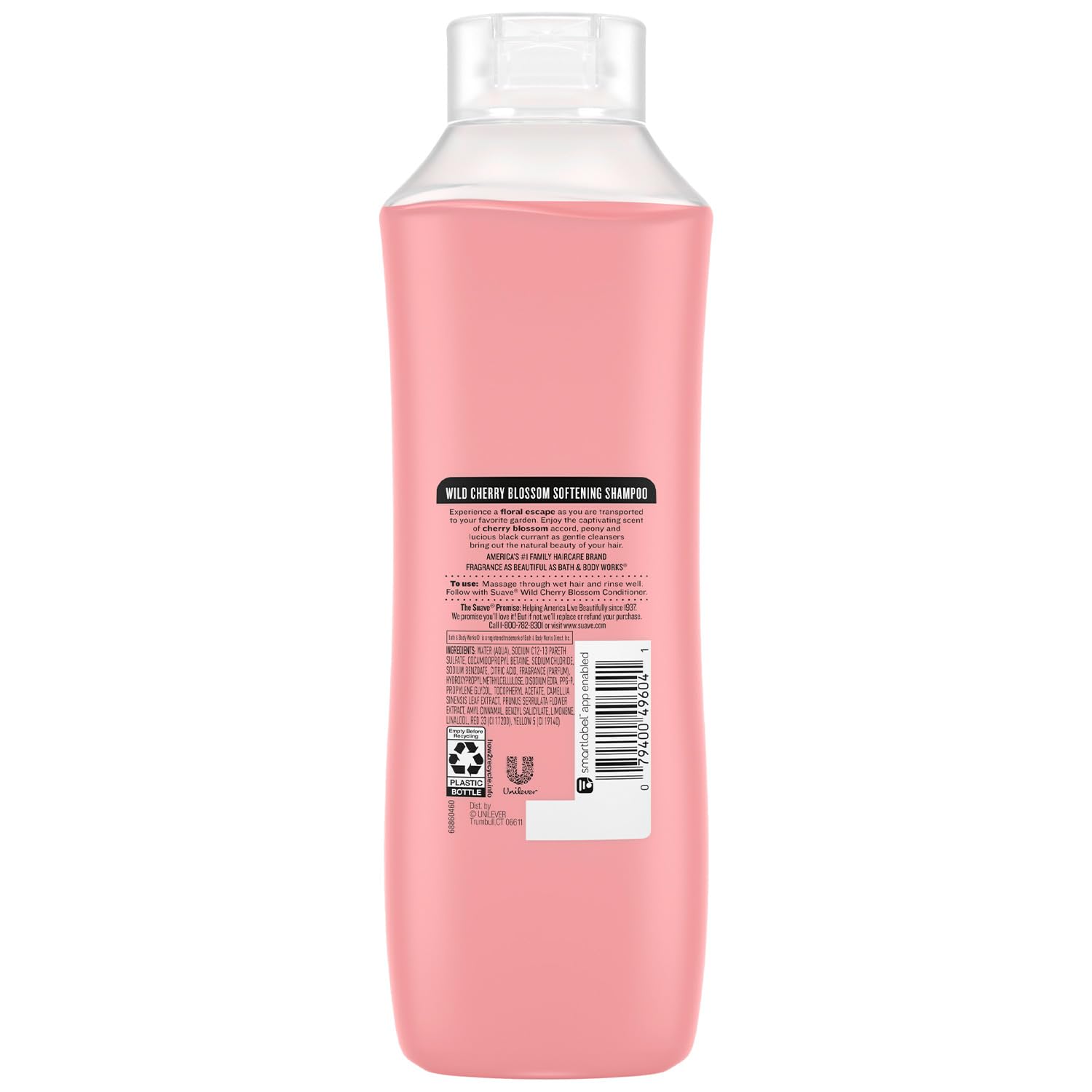 Ingredients include cherry blossom extract and vitamin E in Suave Wild Cherry Blossom shampoo.