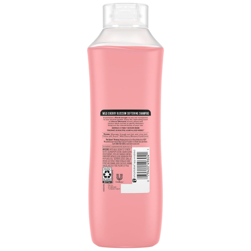 Ingredients include cherry blossom extract and vitamin E in Suave Wild Cherry Blossom shampoo.