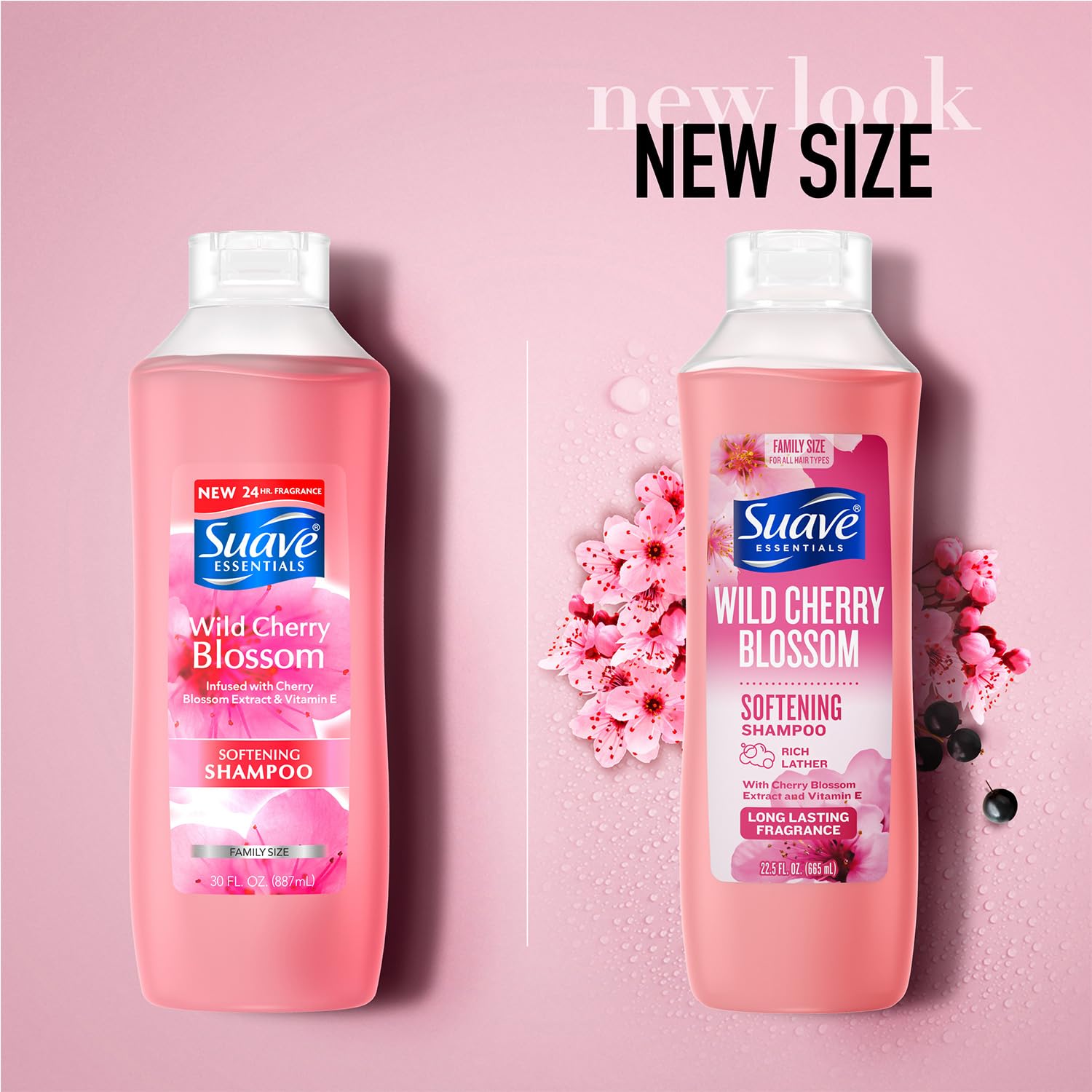 Close-up of Suave Wild Cherry Blossom shampoo label emphasizing fragrance.