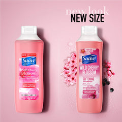 Close-up of Suave Wild Cherry Blossom shampoo label emphasizing fragrance.