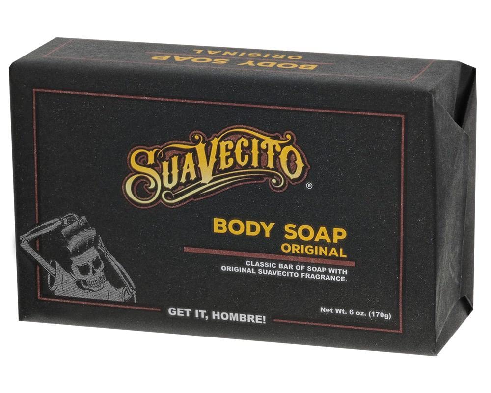 Suavecito exfoliating-bar image highlights texture for smoother skin after shower.