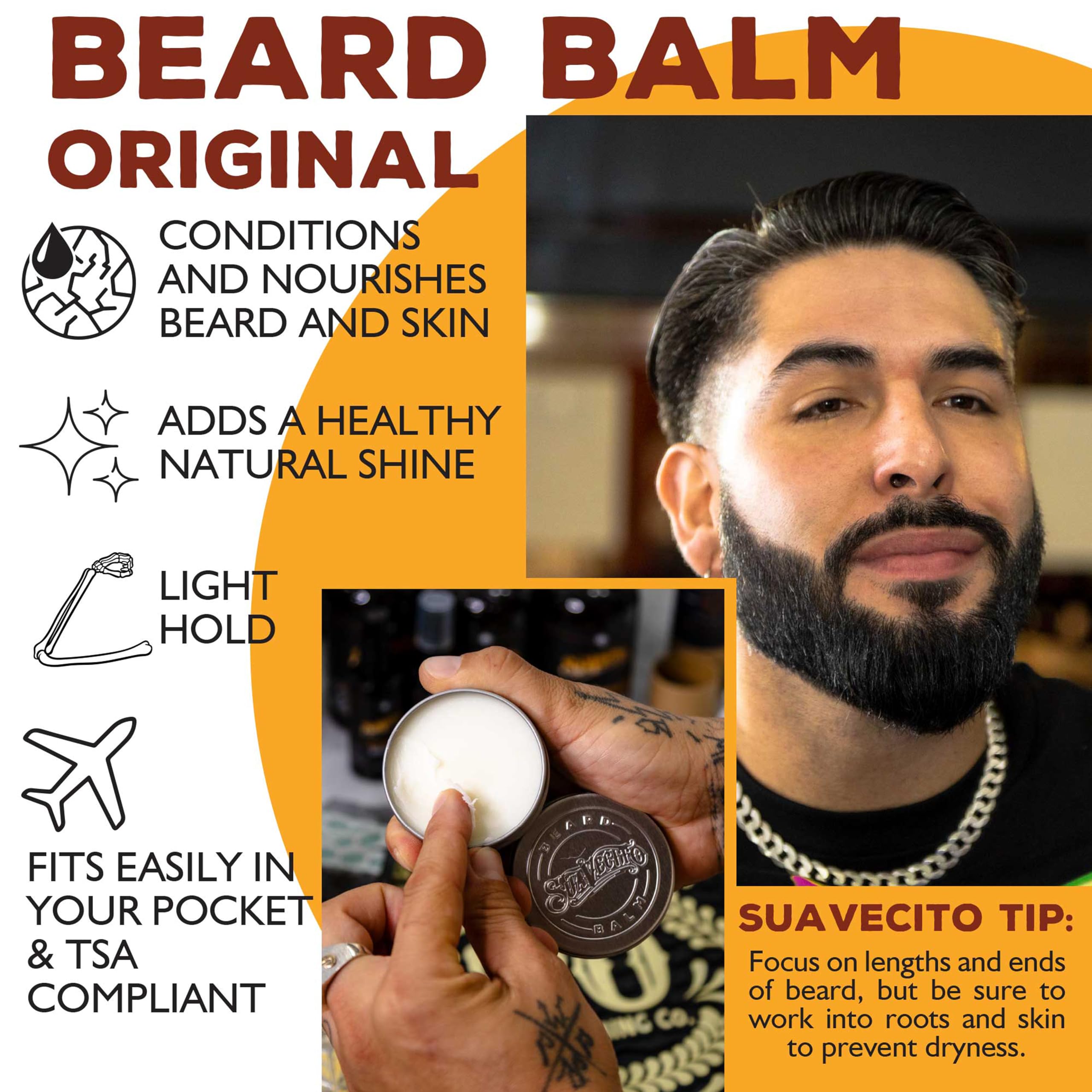 Suavecito beard balm on skin helps moisturize and soothe daily
